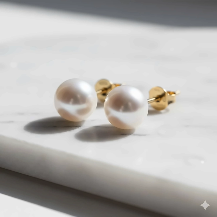 Pair of AAA-grade white freshwater pearl stud earrings with 14k gold posts on a minimalist white background.