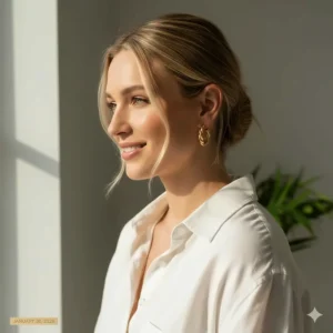 A woman wearing chunky twisted gold hoop earrings paired with a white linen shirt for a modern look.