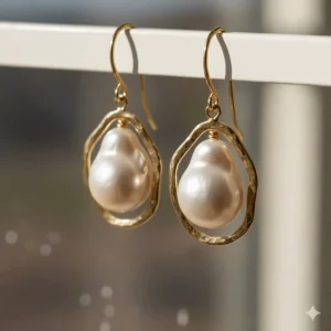 Unique organic baroque pearl drop earrings with 18k yellow gold settings.