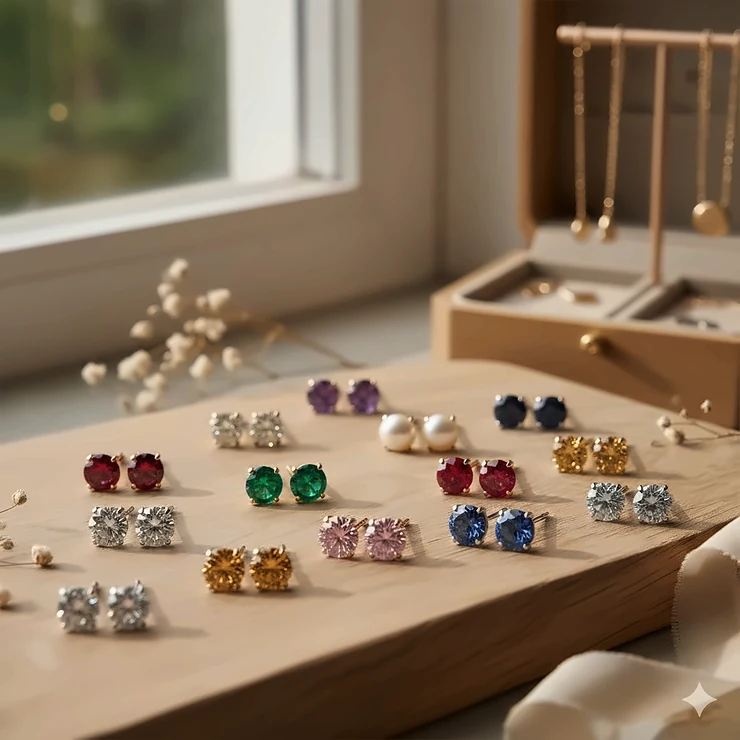 A curated collection of round-cut birthstone stud earrings in various colorful gemstones and gold settings.