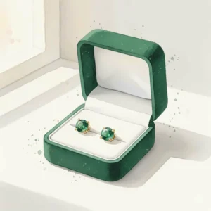 A minimalist illustration of a velvet jewelry box containing a pair of emerald birthstone stud earrings.