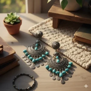 Bohemian-style vintage chandelier earrings with turquoise beads and oxidized silver metalwork.
