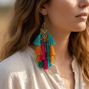 Colorful bohemian style tassel drop earrings for women featuring intricate beadwork.