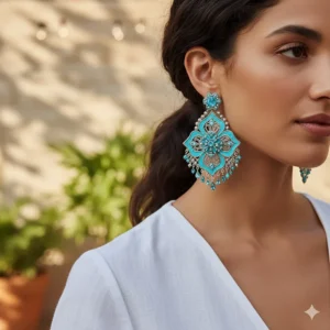 Oversized floral-shaped statement drop earrings for women in a vibrant turquoise finish.