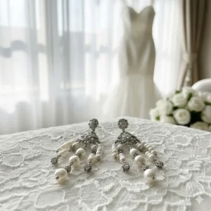 Elegant bridal vintage chandelier earrings with cascading freshwater pearls for a classic wedding look.