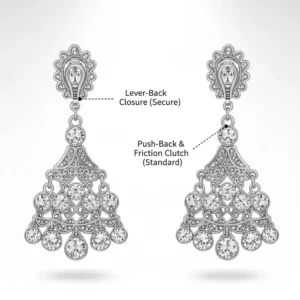 Illustration comparing push-back and lever-back closures for heavy crystal chandelier earrings.