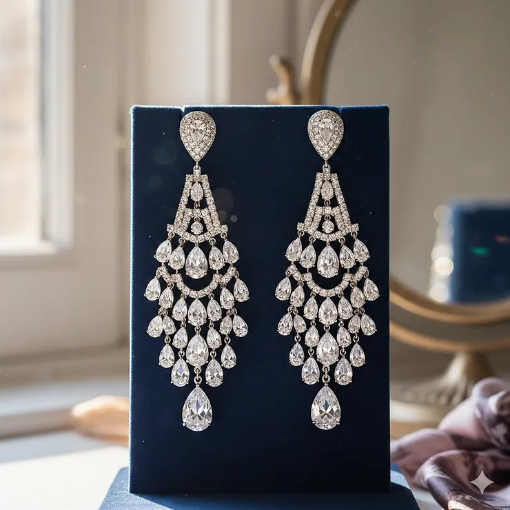 A pair of tiered crystal chandelier earrings with teardrop pendants displayed on a velvet jewelry stand.