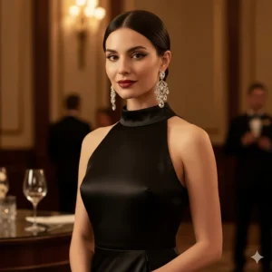A person styled in an elegant black evening gown paired with statement crystal chandelier earrings.