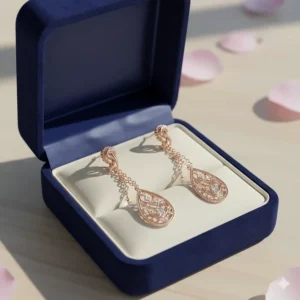A pair of rose gold long dangle earrings presented in a luxury jewelry gift box.