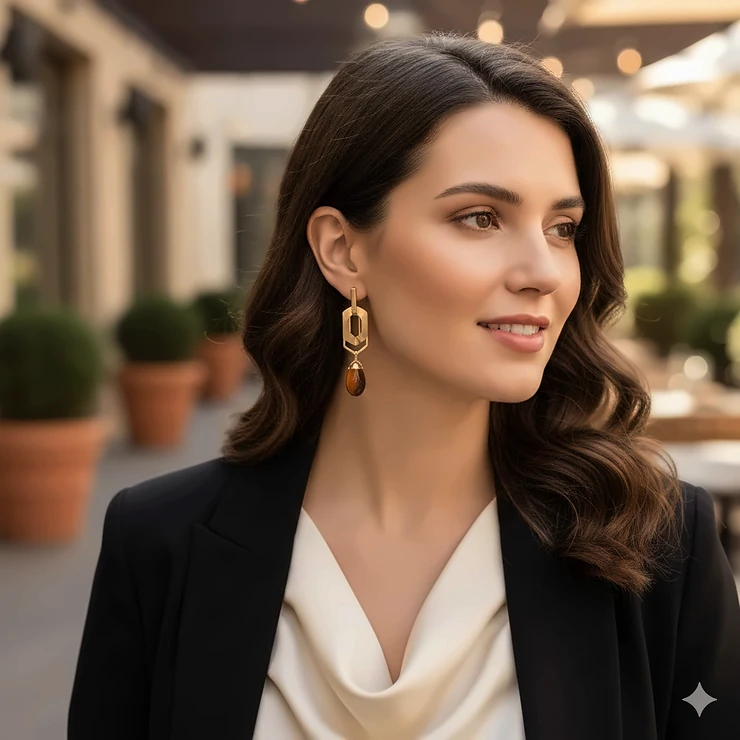 A woman wearing elegant gold drop earrings with a modern geometric design, paired with a sophisticated evening outfit. drop earrings for women
