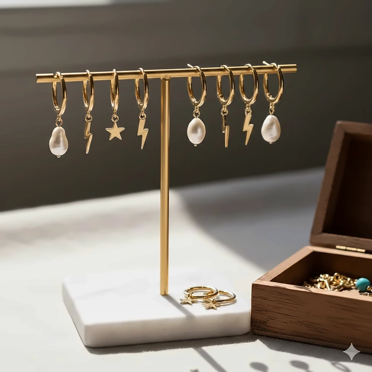 A curated collection of gold huggie earrings with various interchangeable charms, including stars, lightning bolts, and pearls, displayed on a minimalist jewelry stand. huggie earrings with charms