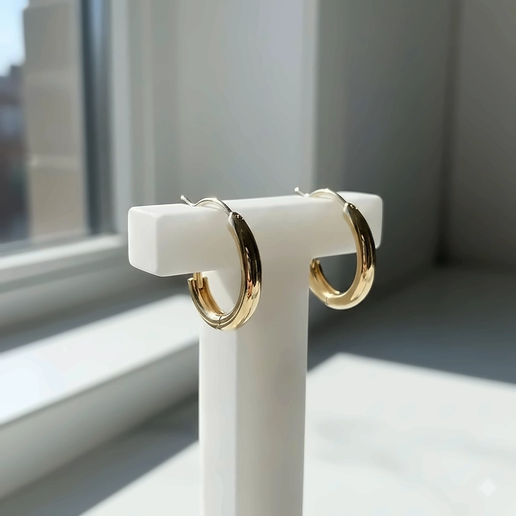 A pair of classic 14k gold huggie hoop earrings displayed on a minimalist jewelry stand.