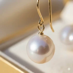 Macro view of a round white pearl hanging from a polished gold hoop earring.