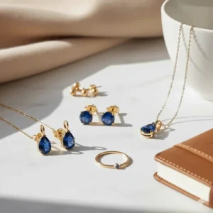Elegant flatlay featuring sapphire stud earrings in gold next to a matching gold necklace.