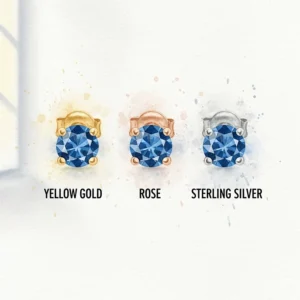Illustration of sapphire birthstone studs shown in yellow gold, rose gold, and sterling silver finishes.