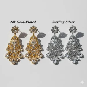 Comparison of gold-plated and sterling silver crystal chandelier earrings side-by-side.