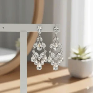 Illustration of crystal chandelier earrings hanging on a jewelry organizer to prevent tangling.