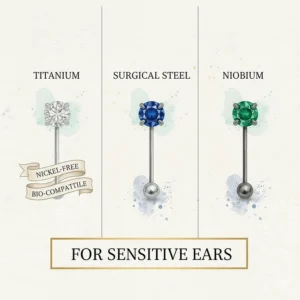 Illustration highlighting nickel-free, hypoallergenic materials used in birthstone stud earrings for sensitive ears.