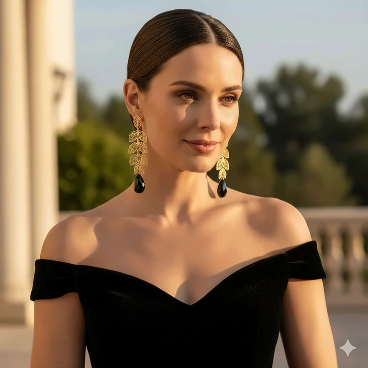 A woman wearing elegant gold long dangle earrings paired with a black evening dress. long dangle earrings for women