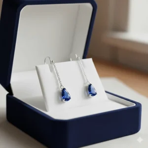A pair of elegant sapphire blue drop earrings for women presented in a velvet luxury gift box.