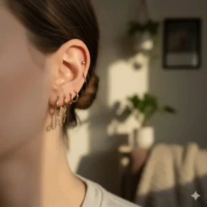 A trendy mismatched ear stack showing different huggie earrings with lightning bolt and initial charms.