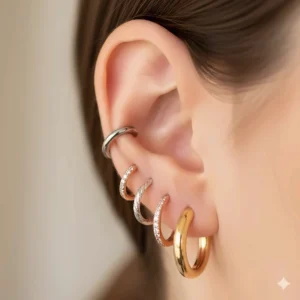 A curated ear look featuring three different textured huggie hoop earrings in multiple piercings.