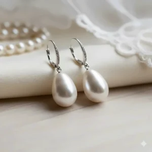 Classic white pearl teardrop earrings for wedding ceremony, hanging from a sterling silver hook.