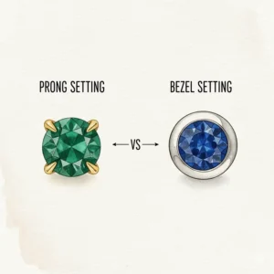 Diagram showing the difference between prong and bezel settings for birthstone stud earrings.