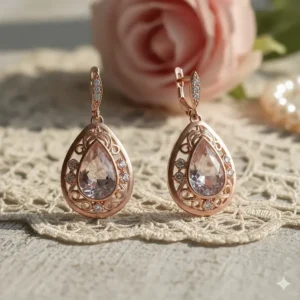 Vintage-inspired rose gold teardrop earrings for wedding guests or brides with a blush tint.