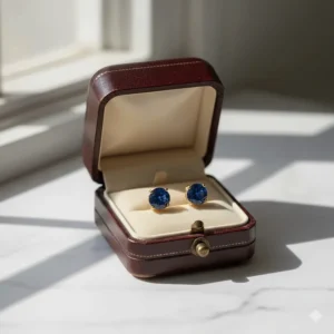 Luxury velvet jewelry box opening to reveal gold sapphire stud earrings, ideal for a gift.