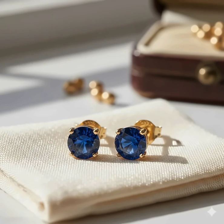 A pair of deep blue round-cut sapphire stud earrings set in 14k yellow gold prongs. sapphire stud earrings gold