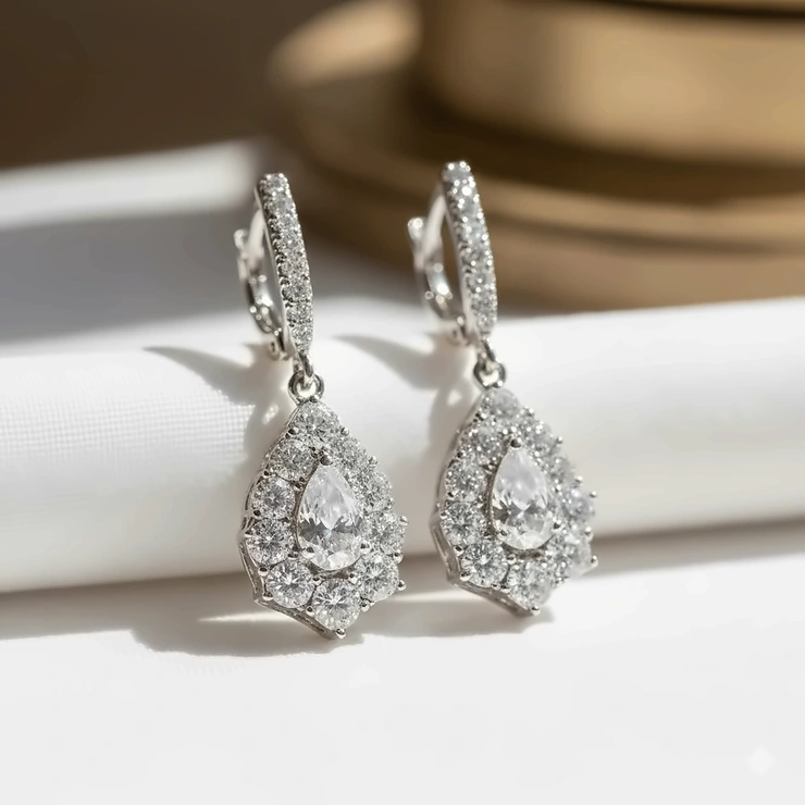 Close-up of silver teardrop earrings for wedding featuring small pave diamonds and a polished finish.