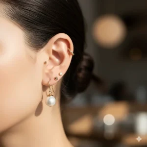 Multiple ear piercings featuring small gold studs and one focal pearl drop earring in gold.