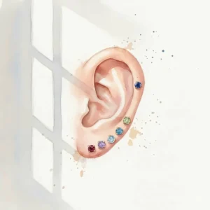 Illustration of a multi-pierced ear styled with multiple small birthstone stud earrings in a gradient.