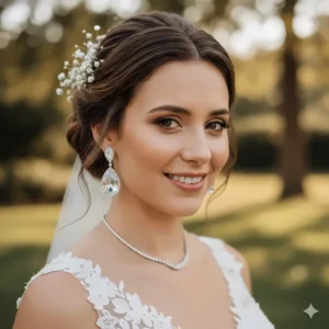A bride wearing elegant crystal teardrop earrings for a wedding, styled with a lace bridal gown and updo hairstyle.