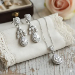 A matching jewelry set featuring teardrop earrings for wedding and a coordinating teardrop pendant.