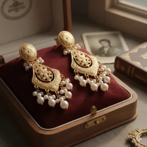 Ornate Victorian-inspired gold chandelier earrings with delicate floral engravings and seed pearls.