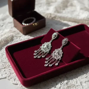 Vintage chandelier earrings styled on a velvet jewelry tray with a lace background.