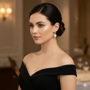 A woman wearing classic gold pearl drop earrings paired with a black evening dress.