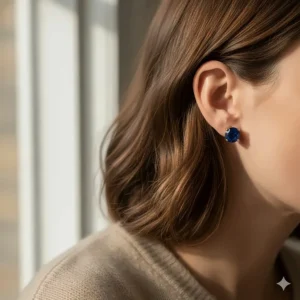 A woman wearing sapphire stud earrings in gold, showcasing the size and scale against the ear.