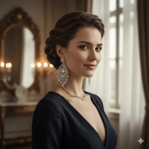 A woman wearing oversized vintage chandelier earrings paired with an elegant evening gown.