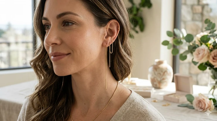 Elegant woman wearing long 14k gold threader earrings for a sophisticated evening look.