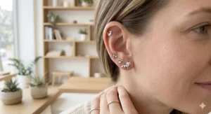 A close-up photorealistic photograph of a woman wearing a multiple-piercing ear stack featuring miniature sterling silver animal stud earrings (a fox, paw print, and kitten) styled in the lobe and helix under soft natural light.