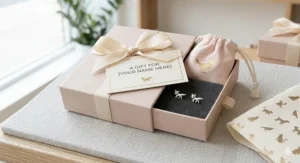 A premium gift presentation for animal stud earrings, featuring a matte light-pink jewelry box tied with a cream silk ribbon and a personalized card, resting on a textured linen surface under natural light.