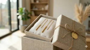 A photorealistic illustration of minimalist gold bar threader earrings presented inside a luxury textured jewelry gift box, ideal for a minimalist aesthetic.