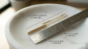 A photorealistic technical illustration showing a measurement guide for a minimalist gold bar threader earring, specifying the fine chain and solid bar length in inches.