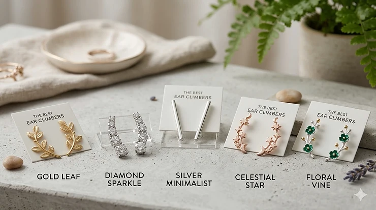 A curated collection of the best ear climbers in gold, silver, and diamond finishes displayed on a minimalist background.