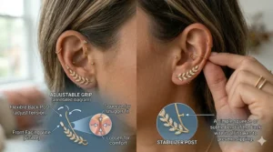 A lifestyle shot of boho-style turquoise ear climbers worn with a casual summer outfit.