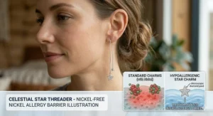 A photorealistic illustration of a sterling silver celestial star threader earring, featuring pavé settings and designed as a nickel-free hypoallergenic option for sensitive ears.