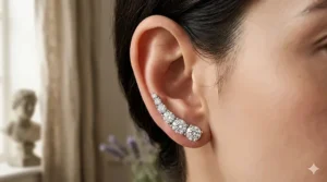 Sparkly crystal ear climbers for weddings and formal events featuring a graduated stone design.